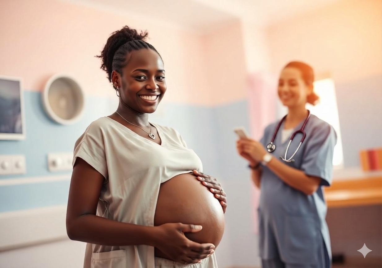Smiling pregnant woman during an ante-natal check-up with a kind doctor