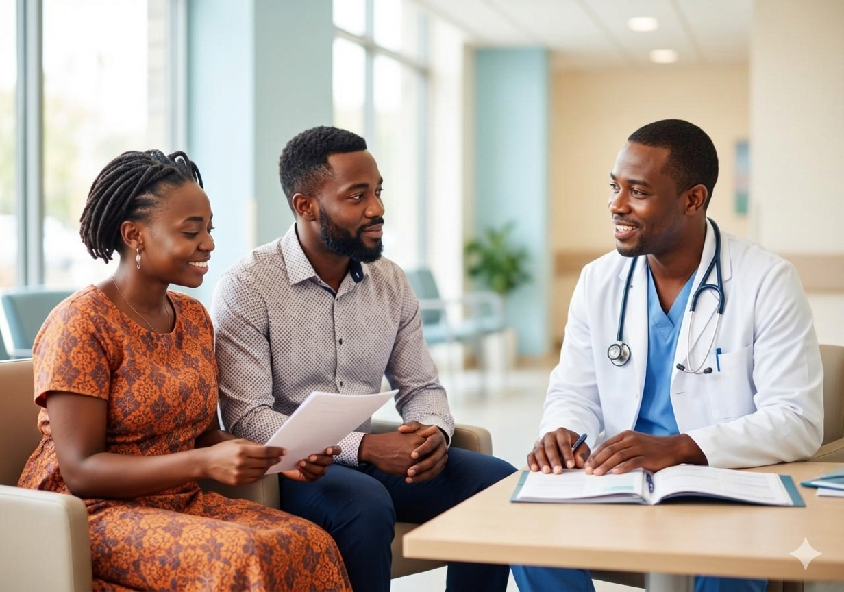 Couple receiving family planning counselling from a friendly doctor