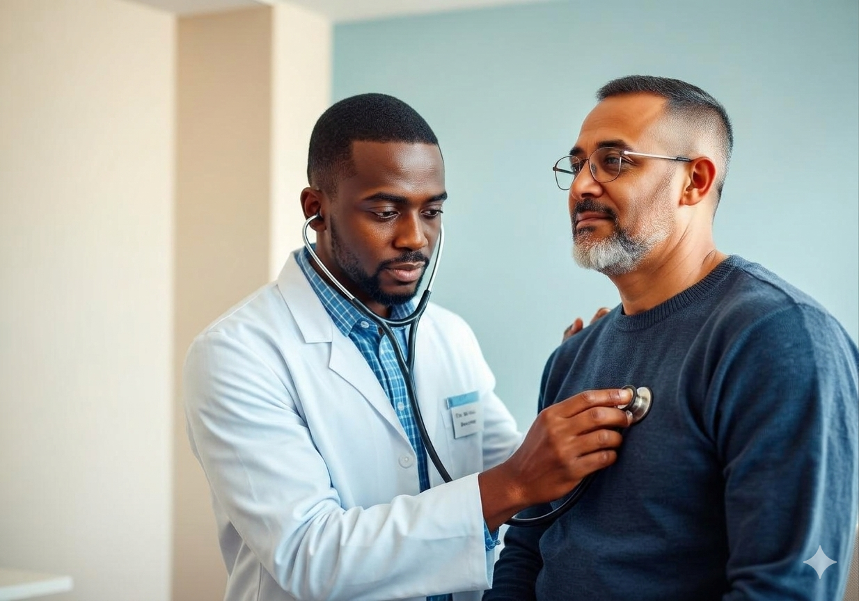 Doctor with stethoscope listening to an adult patient's chest
