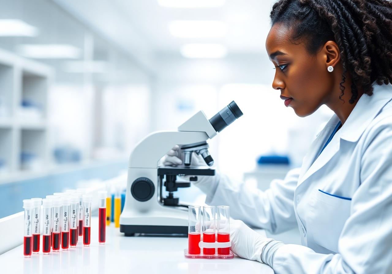 Lab technician examining a sample with a microscope