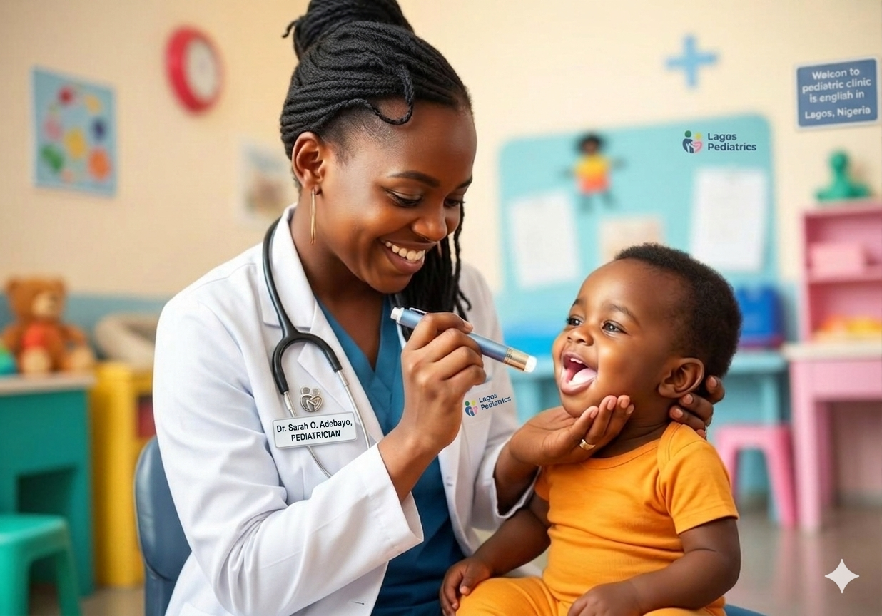 Smiling paediatric nurse caring for a happy child in a colourful clinic