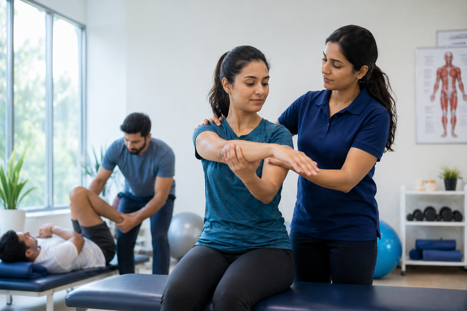 Physiotherapist guiding a patient through a rehabilitation exercise