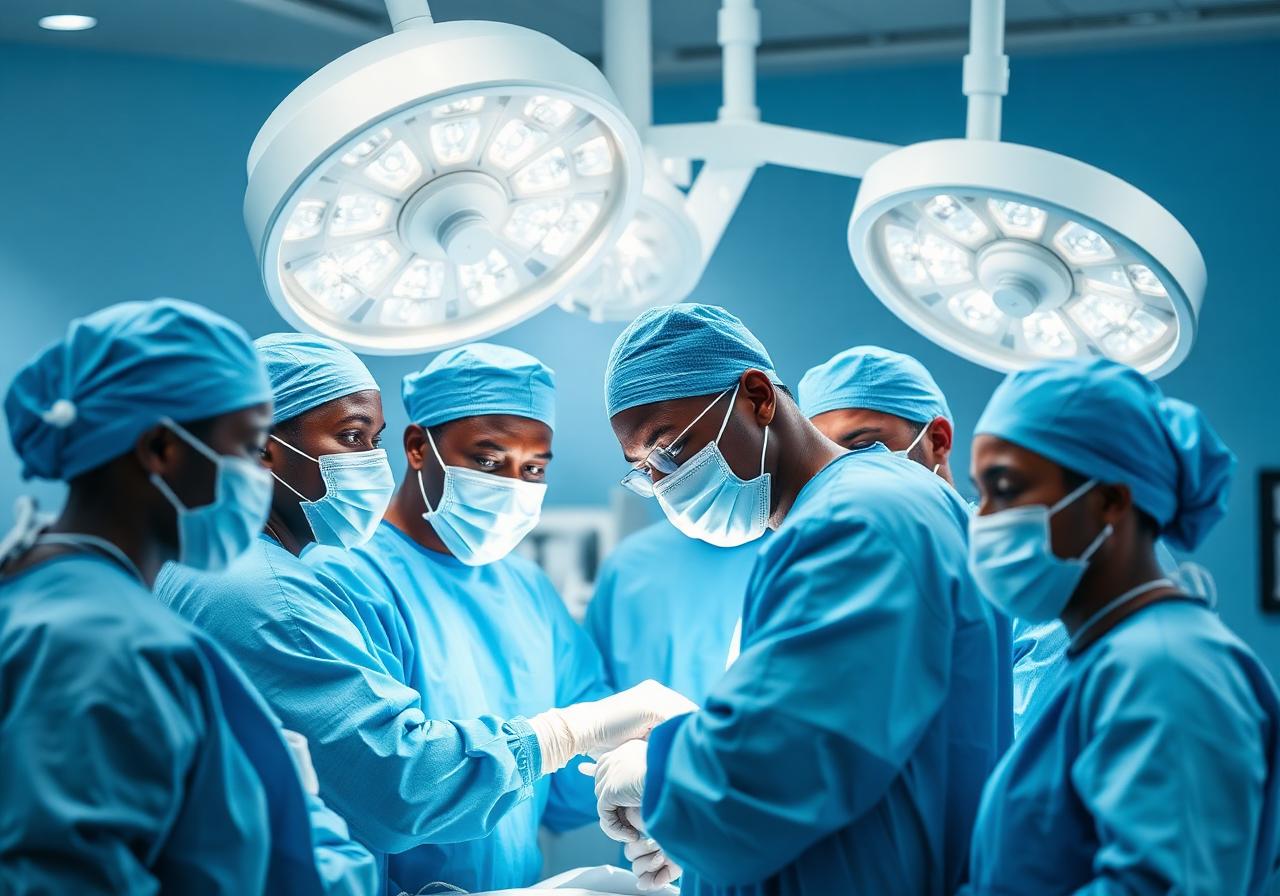 Surgical team in scrubs working together under operating room lights