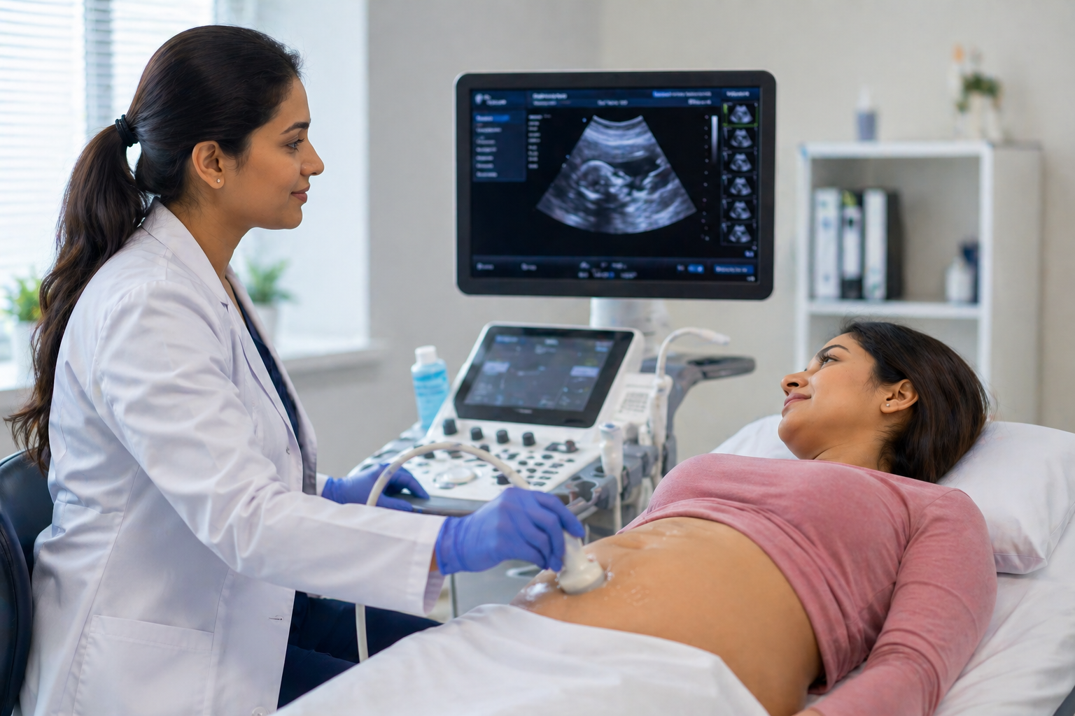 Sonographer performing an ultrasound scan on a patient's abdomen